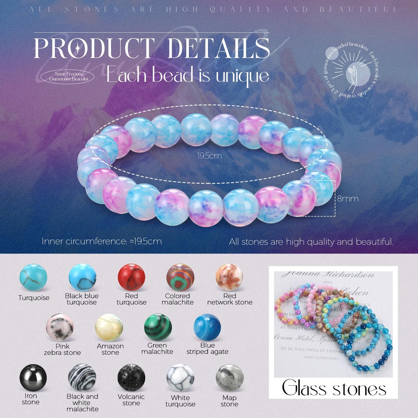 Landical 24 Pcs 8mm Gemstones Beaded Bracelets for Men Women Stretch Round Bead Bracelets Set Healing Crystal Stone Bracelets Semi Precious Bracelets