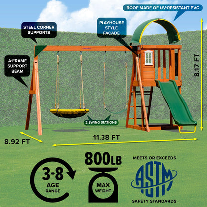 Sportspower Amanda Cedar Wooden Swing Set with Saucer Swing, 6FT Blow Molded Slide, Swing, Play Fort, Heavy Duty Double A-Frame, on Slide