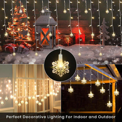Icicle Lights for Outside 180 Clear Warm White 5MM Led 26.4ft White Wire Snowflake with 8 Mode Function Curtain String Lights Indoor Warm White and Outdoor for roof Patio Garden Bedroom (Remote)