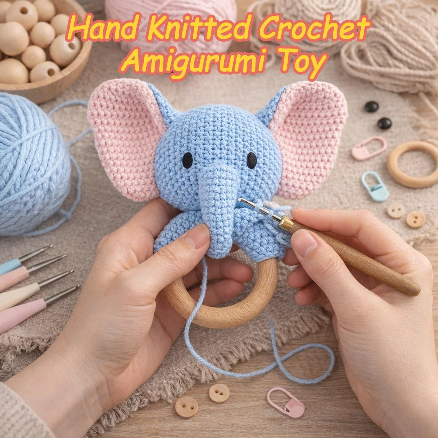 JUSTQUNSEEN Elephant Baby Rattle Teething Ring Hand Knitted CrochetCute Jungle Animal Sensory Toy for Baby Boys Girls 0-3 Months Plush Stuffed Texture Montessori Grasping Shaker Stroller Travel Gift