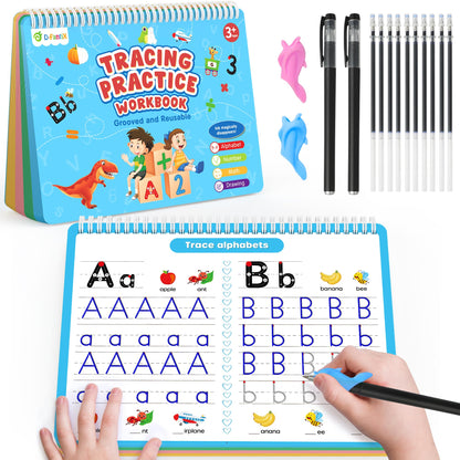 D-FantiX 4 in 1 Large Magic Grooved Writing Practice for Kids Age 3-5, Reusable Grooved Handwriting Practice for Kids 5-7, Learn to Write Number Letter Tracing Books for Kids Kindergarten Preschool