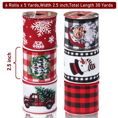 Vloso Christmas Ribbon Wired 2.5 Inch,6 Roll 30 Yards Christmas Wired Ribbon,Incl. Santa/Snowman/Snowflake/Buffalo Plaid Ribbon for Wreaths Bows Holiday Xmas Decor DIY Crafts