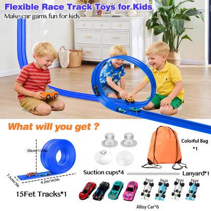 Flexible Car Track for Kids: 15 Ft of Portable Roll-Up DIY Flexible Race Track with 8 Cars & 4 Strong Suction Cups Car Ramp Toy Track, – A Great Birthday for Boys & Girls Ages 3+ (Blue)