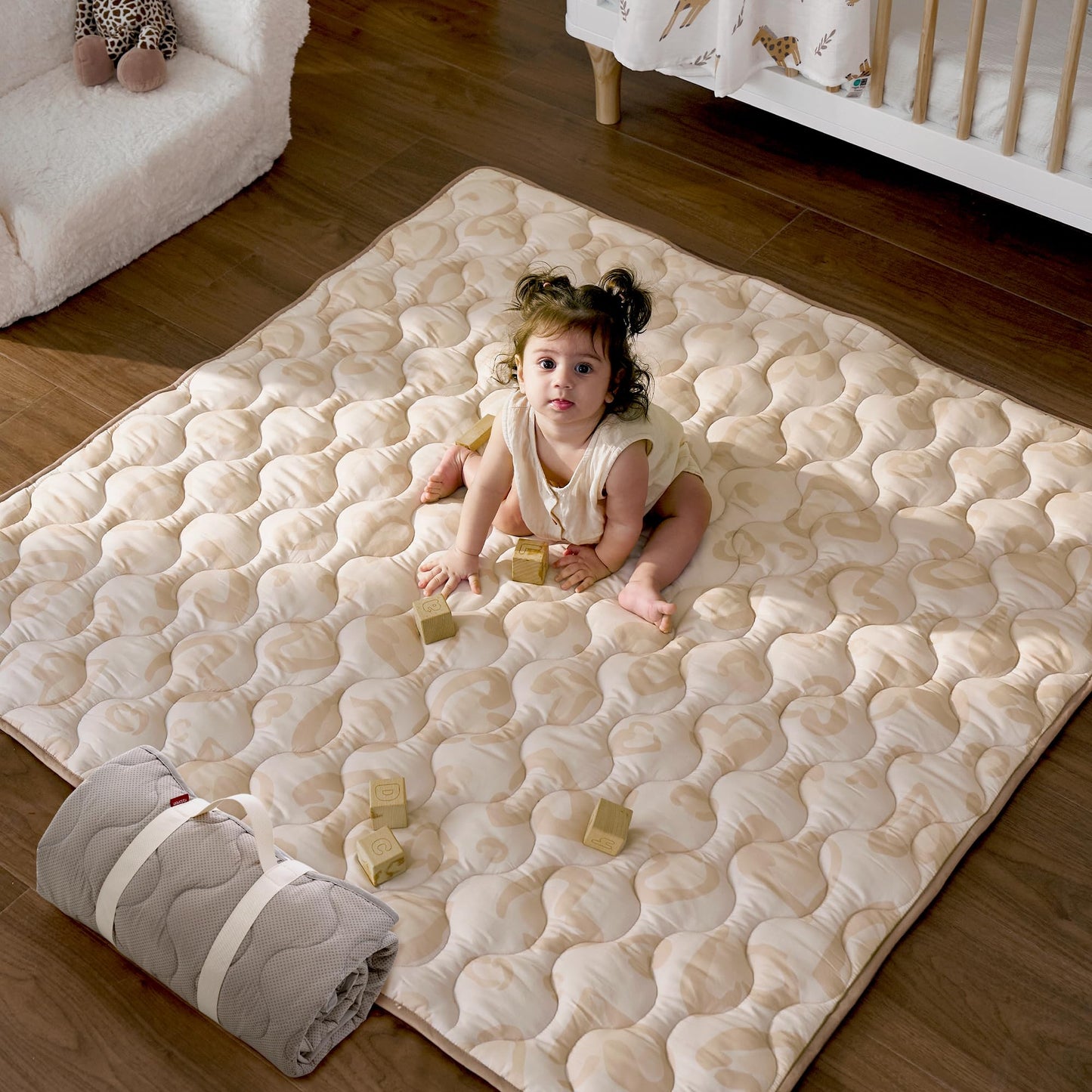 Momcozy Baby Play Mat for Floor, 50x50 Thickened Playpen Mat, Playmate for Baby Tummy Time, Waterproof & Non-Slip, Foldable Outdoor Mat with Carrying Handle, Leopard