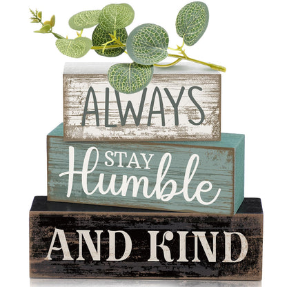 Lineshading 4 Pcs Inspirational Farmhouse Table Decor Always Stay Humble and Kind Stacked Wooden Block Signs with Inspirational Quote Eucalyptus Leaves for Home, Living Room, Shelf Housewarming Gift