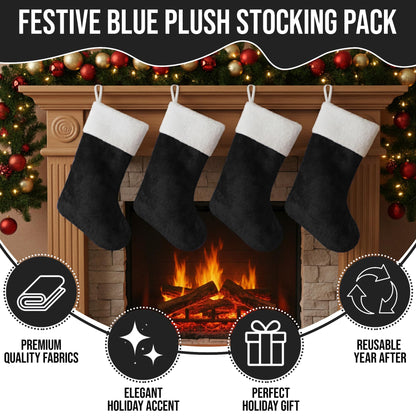 Iconikal 4-Pack Black 18-Inch Plush Fabric Christmas Stocking, Soft White Cuff, Holiday Decor