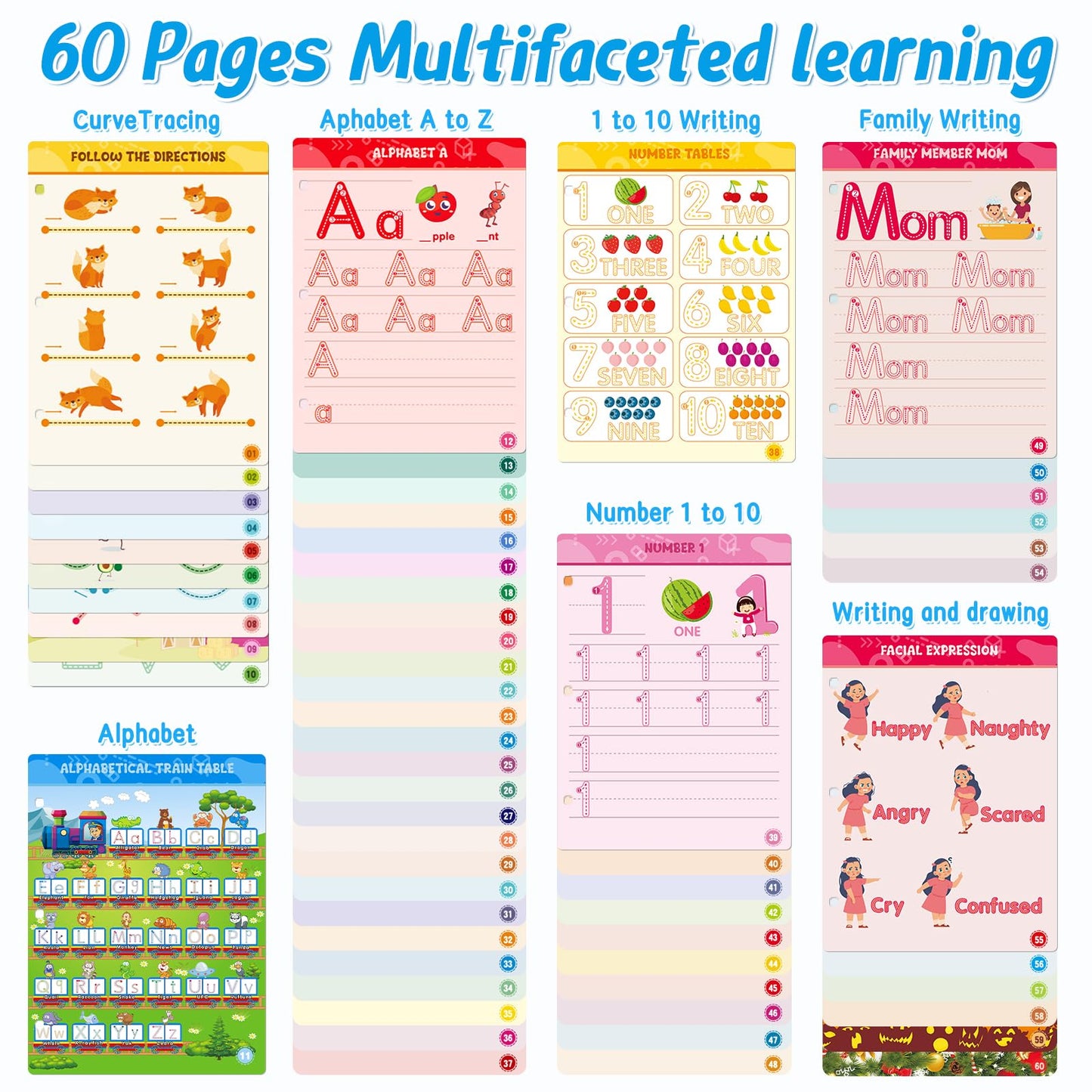 FIPKE Preschool Handwriting Practice Book, Toddlers Preschool Learning Activities with 60 Pages Reusable Magic Practice Copybook for Kids, Educational Montessori Toys for 3 4 5 6 Year Old