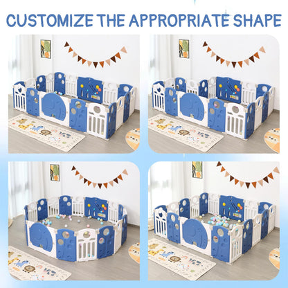 HAPPYMATY Baby Playpen, 14-Panel Foldable Play Pen for Babies and Toddlers, Indoor Outdoor Baby Fence with Sensory Play Panel, Adjustable Shape Activity Play Center, Portable & Easy Assemble
