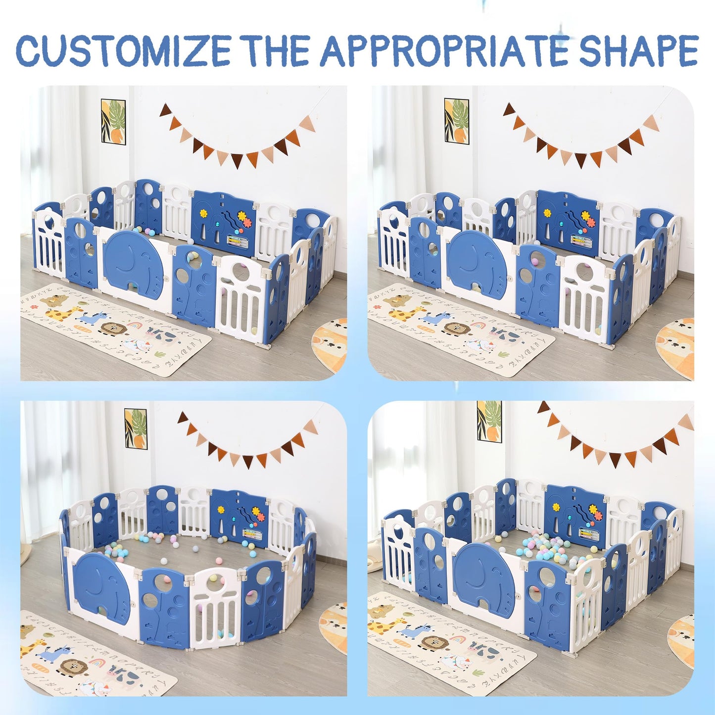HAPPYMATY Baby Playpen, 18-Panel Foldable Play Pen for Babies and Toddlers, Indoor Outdoor Baby Fence with Sensory Play Panel, Adjustable Shape Activity Play Center, Portable & Easy Assemble