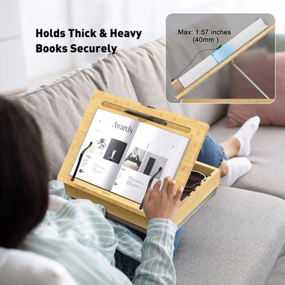 AboveTEK Book Stand for Reading with Storage, Adjustable Bamboo Book Holder with Soft Lap Cushion, Cookbook Stand, Hands-Free Book Reading Stand for Bed, Desktop & Kitchen Counter