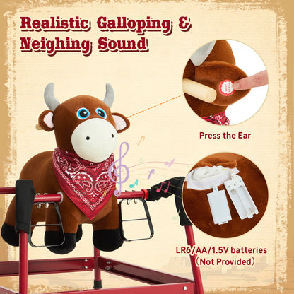 FUNLIO Bull Spring Rocking Horse for Kids 3-6, Wild Ride on Horse with Covered Spring & Sturdy Frame, Neighing & Galloping Sound for Pretend Play, Spring Horse Toys Gift, CPC & CE Certified