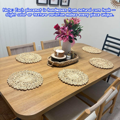 DELAQIKO 13.8" Round Corn Husk Placemats | Boho Woven Rattan Table Mats | Natural Spring Farmhouse Plate Chargers | Handmade Rustic Wicker Place Mats for Christmas Wedding (Set of 4)