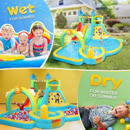 (2026 New) JOYMOR Inflatable Water Slide Bounce House w/Water Bucket, Climbing Wall, Pool, Rainbow Sprinklers, 1min Blow Up Water Slide 10-in-1 for Kids w/Strong Blower, Carrying Bag