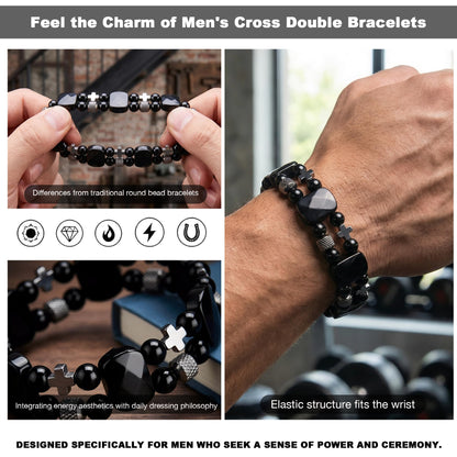 Christian Gifts for Men, Jesus Cross Bracelet for Men Handmade Double Elastic Beaded Bracelets Natural Crystal Gemstone Religious Jewelry for Boyfriend Husband Birthday Anniversary (Black Obsidian)