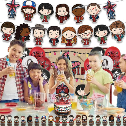 43 Pcs TV Series Theme Birthday Decorations, Cute Birthday Party Decorations, Includes 1 Banner, 1 Backdrop, 1 Cake Topper, 24 Dessert Decorations, and 16 Latex Balloons