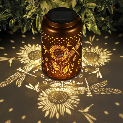 Solar Lanterns Outdoor Waterproof Hummingbird Garden Decor Christmas Gifts for Women Mom Grandma Hanging Lights Metal Decoration Outside for Yard, Patio,Backyard,Porch(Dragonfly and Sunflower)