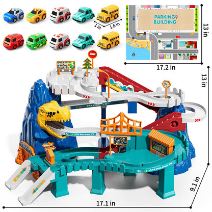 NIPLOOOW Dinosaur Race Track Playset for Boys Kids 3-5, Dinosaur Climbing Hills Car Track Play Set with 10 Mini Racer Cars, Kids Car Ramp Track Toys for 3 4 5 6 7 8 Year Old Boys Girls