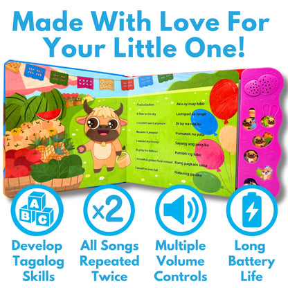 Tin Tin Learns Tagalog Vol. 1 — Interactive Sound Board Book for Toddlers 1-3, Bilingual English & Filipino Songs & Nursery Rhymes, Talking Musical Book, Musical Toy Gift for Babies & Kids