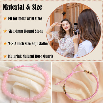 LPBeads 6mm Rose Quartz Bracelet with Handmade Rope Bracelet Size Adjustable Natural Stone Crystal Healing Bracelets Gifts for Unisex Adults
