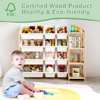 MallBest Kids Toy Storage Organizer with Bookshelf – Wooden Toy Bin Organizer with 12 Storage Bins & 3-Tier Shelf, Toy Shelf for Toddlers, Nursery, Playroom, Bedroom(Natural)