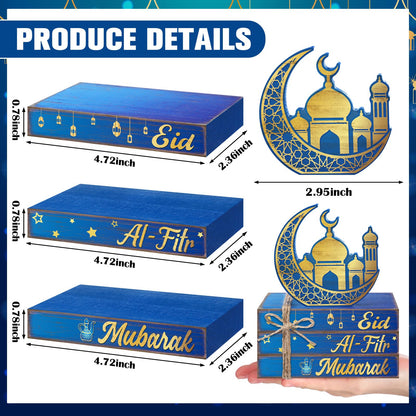 Geelin 4 Pcs Eid Mubarak Tiered Tray Decor Wooden Book Stack Signs, Blue Gold Islamic Crescent Moon Mosque Table Centerpiece for Ramadan Home Shelf Coffee Bar Mantel Decorations