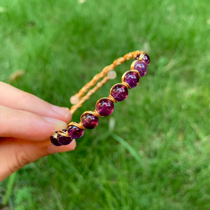 PSEEHEE Handmade Genuine Amethyst Beads 14k Gold Filled Wire Wrapped Bracelet, Birthstone Chakra Healing Crystal Chips Adjustable Bangle Cuff Jewelry Gift for Women Men
