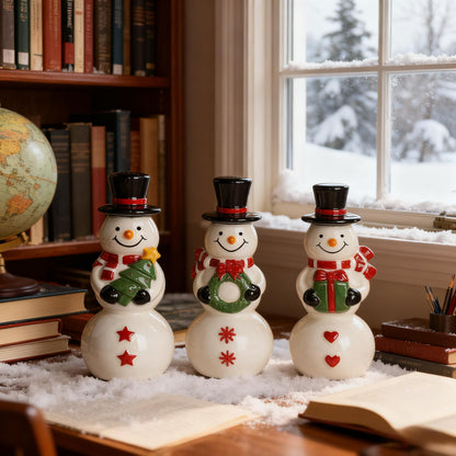 NEROSUN Christmas Snowman Figurines, Set of 3 Ceramic Cute Snowman Ornaments Christmas Decorations, Winter Table Centerpiece for Indoor Cabinet Mantel Fireplace Holiday Xmas Decor