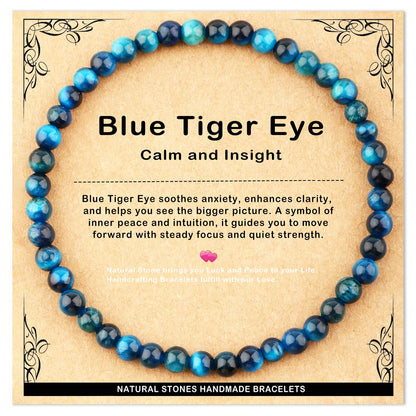 AD Beads 4mm Handmade Blue Tiger Eye Elastic Bracelet – Natural Gemstone for Calm and insight – Meditation, Yoga, Healing and Energy Gift for Men Women