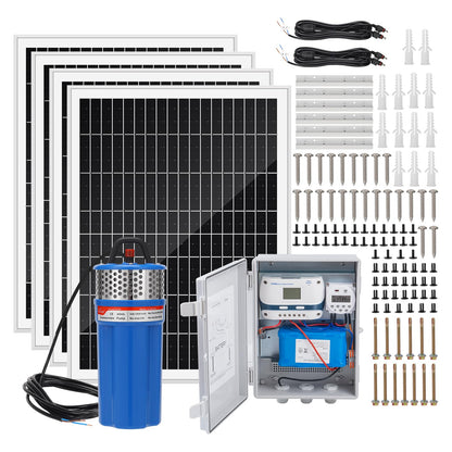 Solar Well Pump Kit with Timing Function, Submersible Pump, Four Solar Panels with Fixed Bracket, Thickened Waterproof Box with Upgraded Controller, Battery, and Timer for Well and Irrigation