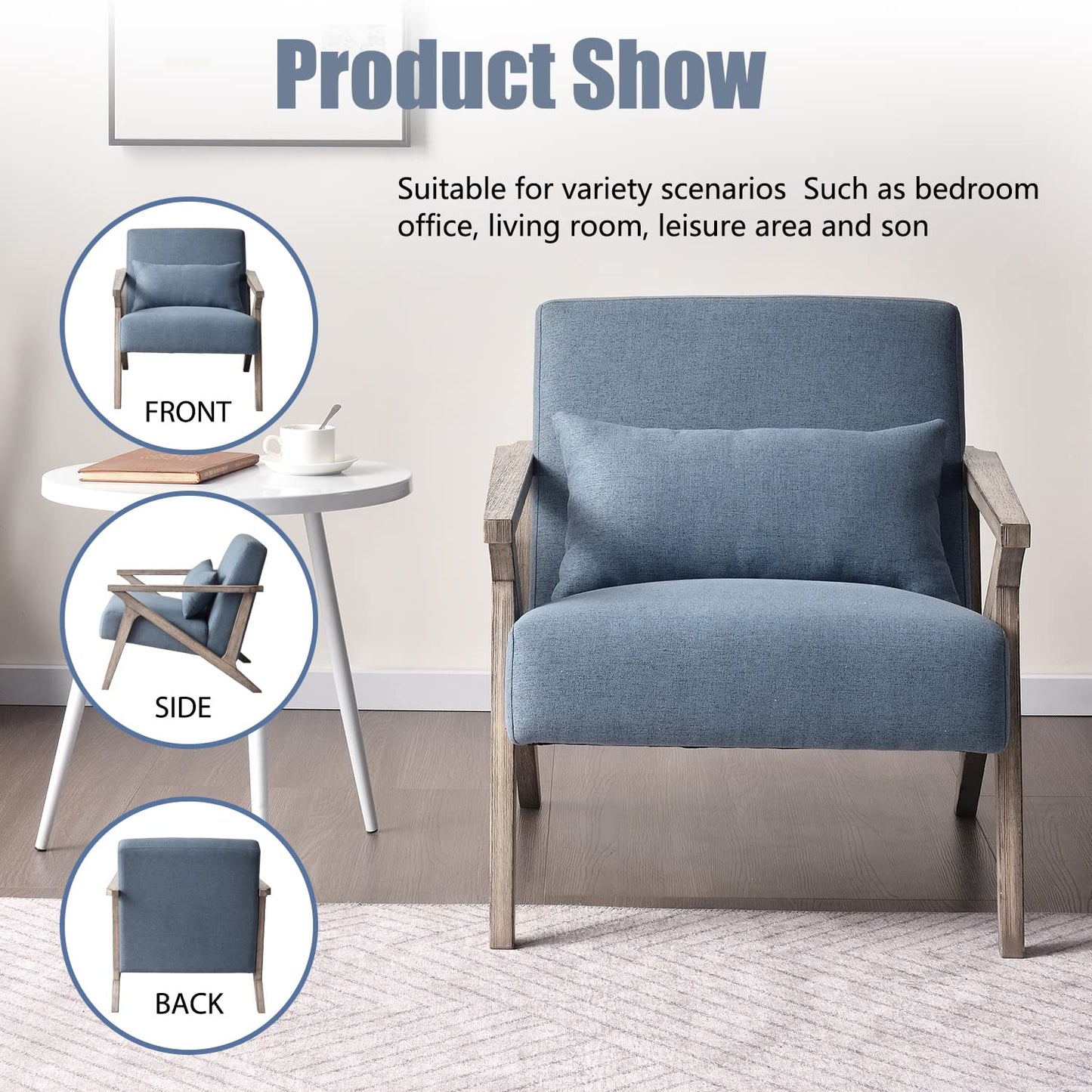 INZOY Mid Century Modern Chair with Wood Frame, Upholstered Armchair with Waist Cushion, Accent Chair for Living Room Bedroom Apartment, Easy Assembly, Blue