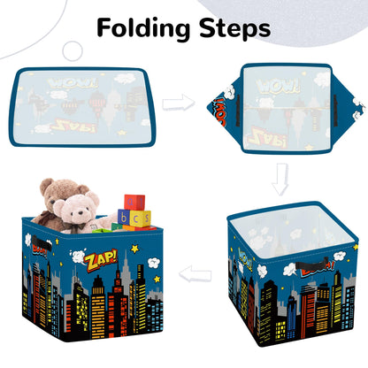 Clastyle Cityscape Hero Kid Storage Cube Organizer Set Skyline Building Silhouette Closet Clothes Cube Storage Bin Nursery Toddler Toy Box Chest Girl Boy Book Shelf Basket,Comic,11.8x11.8x11.8 in