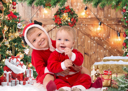 CYLYH 7x5FT Christmas Barn Wood Door Photography Backdrop Xmas Tree Snow Gift Wall Floor Party Photo Background for Holiday New Year Party Banner Family Holiday Party Supplies D554