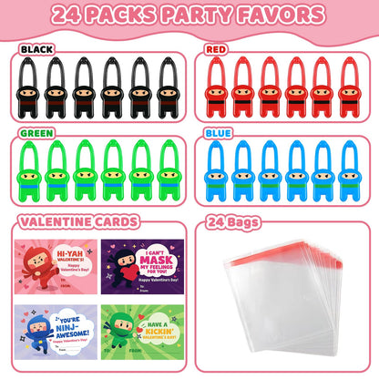 HFZCZW Valentines Day Cards for Kids,24 Pack Ninja Sticky Stress Relief Tricky Toys with Valentines Flying Elastic Slingshot Ninja Toys,Valentine Exchange Gift for Kids Girls