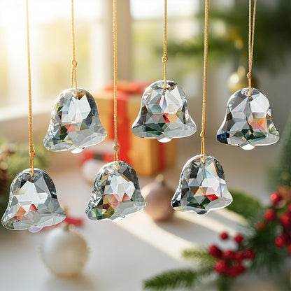 H&D HYALINE & DORA Set of 6 Crystal Christmas Ornaments Clear Faceted Glass Christmas Bell Hanging Ornaments for Xmas Tree Winter New Year Party Decoration(2 Inch)