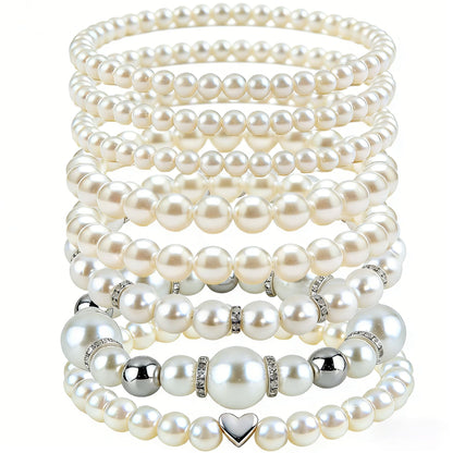 GIYAWA 8pcs Sliver Faux Pearl Bracelets for Women, Stackable Stretchy Bridal Jewelry Set, Elastic Layered Bracelets for Wedding Bridesmaid Party Prom Christmas