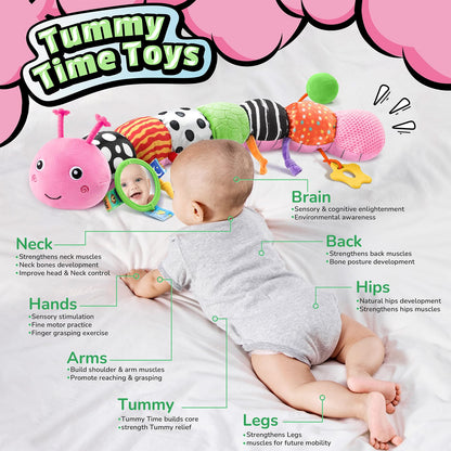 LIGHTDESIRE Baby Toys Musical Caterpillar,Infant Toys 3 6 12 Months Sensory Toy with Ruler Design,Mirror,Pull String,Crinkle&Ring Bell,Baby Teething Toy for Tummy Time Boy Girl Gifts (Rose Pink)
