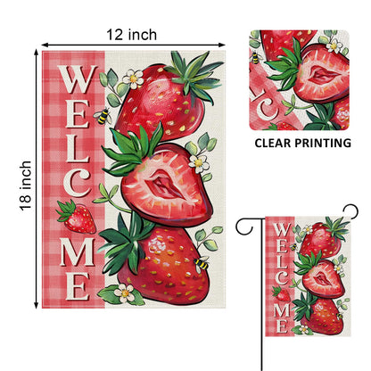 Covido Welcome Spring Summer Strawberry Decorative Garden Flag, Red Fruit Plaid Check Farmhouse Yard Outside Decorations, Seasonal Burlap Outdoor Small Home Decor Double Sided 12 x 18
