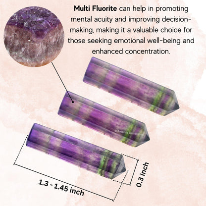 Amazing Gemstone Multi Fluorite Crystal Points Bulk Healing Crystals and Stones - Pack of 3 Single Terminated Healing Wand Point Bulk Crystals for Crafts, Crystal Grid, DIY Work - Premium Crystals