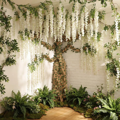 XunYee 3D Wisteria Tree Wall Decor for Room Classroom Ceiling Artificial Wisteria Hanging Flowers DIY Cardboard Paper Tree with Green Vine Kraft Paper Fairy Bulletin Board Decorations(White)
