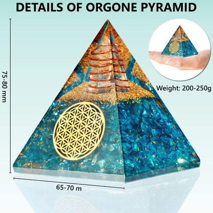Anaya Agate Aquamarine Orgone Pyramid, Aquamarine Crystal Pyramid w/Positive Energy, Handmade Orgonite Pyramids for Chakra Cleansing, Mindfulness, Crystal and Healing Stones, Christmas Gifts for Women