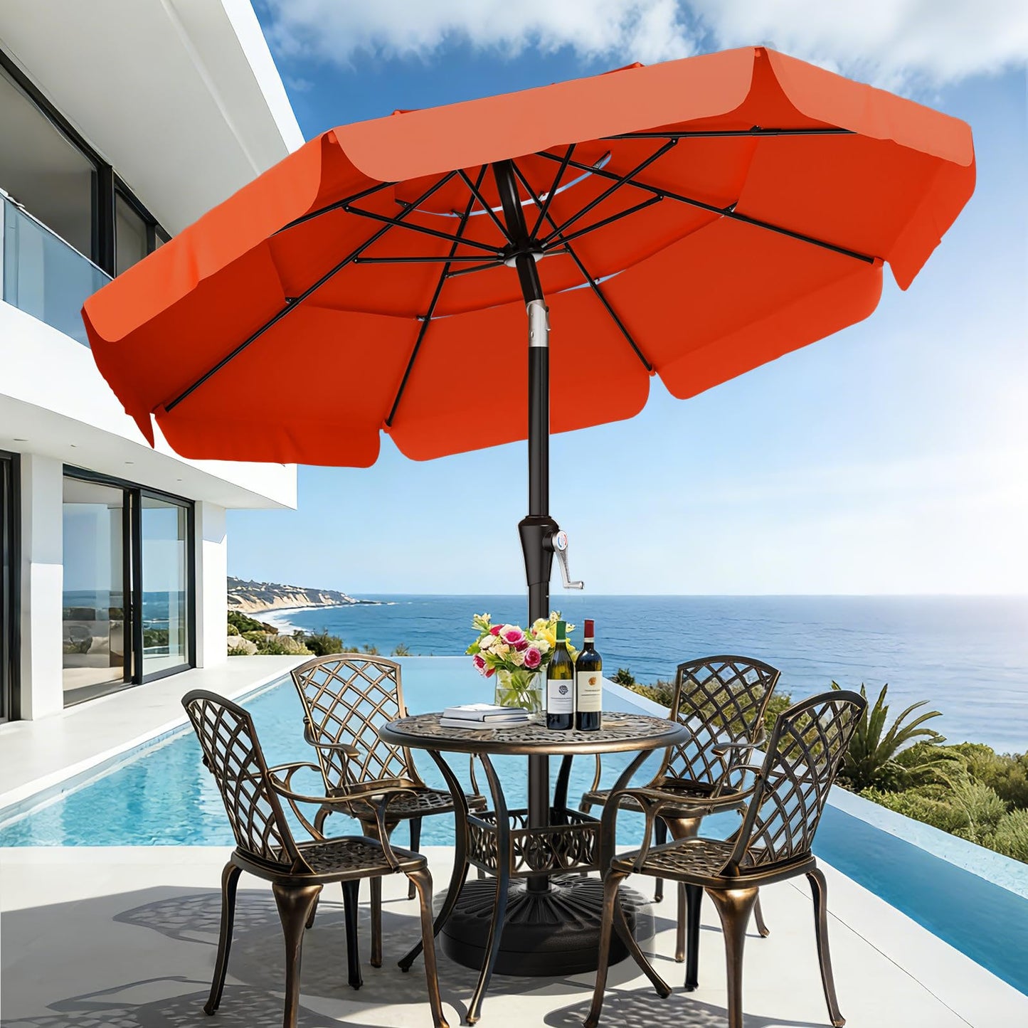 AreShark 9FT 3-Tiers Patio Umbrella with Valance, Outdoor Umbrellas with Crank/Tilt, Table Market Umbrella Vented w/ 8 Sturdy Ribs for Garden, Deck, Backyard, and Pool, Orange