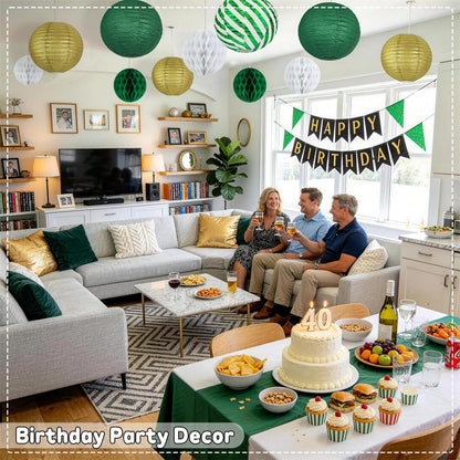 Green and Gold Party Decorations - 16Pcs Hanging Green White and Gold Paper Lanterns & Honeycomb Balls for Graduation Decorations 2026, Birthday, Baby Shower & Wedding Party Supplies