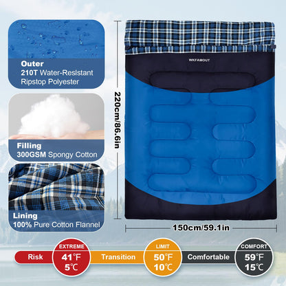 WKFAMOUT Cotton Flannel Double Sleeping Bag for Adults Machine Washable 2 Person Camping Sleeping Bag Queen Size Waterproof with Compression Sack for Cold Weather 3-4 Seasons