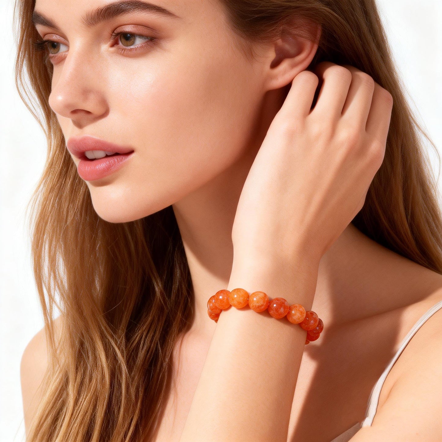 Natural Orange Calcite Bracelet for Women, Sun Stone Healing Crystal Adjustable Stretchy 8mm Round Beads Bracelets Reiki Chakra Man Jewelry Gifts (Orange Calcite 2Pcs)