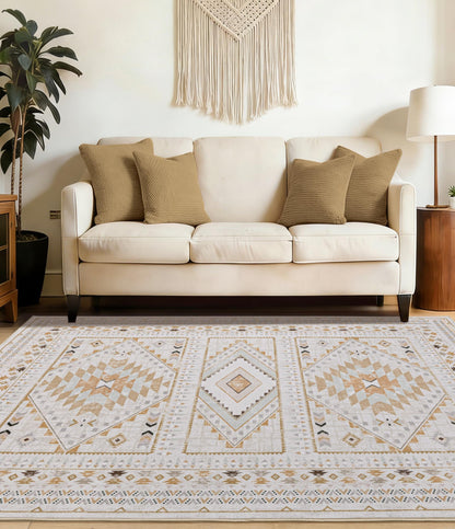 Boho Farmhouse Area Rug 5x7, Washable Tribal Rug for Bedroom, Non-Slip Medallion Rugs for Living Room Dining Room, Entryway (Beige/Yellow, 5'x7')