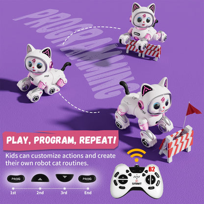 Aprilwolf RC Stunt Robot Cat Toys for Ages 8-13 with LED & Sounds, Rechargeable Interactive Remote Control Pet Puppy for 8+ Year Old Kids Girls Boys Birthday Gift, Dancing, Walking & Touch Sensing