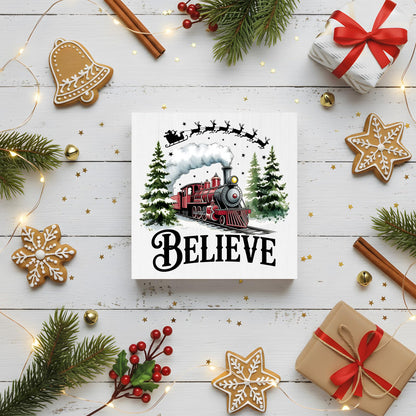 WIKERL Merry Christmas Wooden Box Sign Plaque, Santa Sleigh Decor Believe in Tree Wood Block Sign, Train Winter Holiday Decoration for Home Office Desk Table Shelf Wall