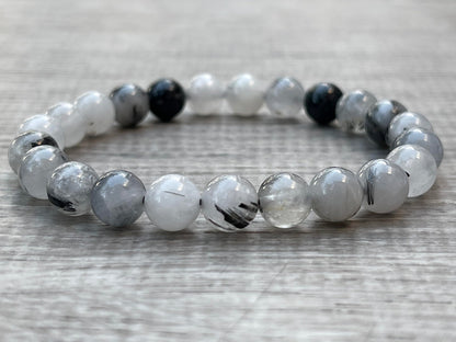 GAF TREASURES Black Rutilated Quartz Crystal Bead Bracelet 8mm, Genuine Black Rutilated Quartz Stretch Gemstone Bracelet, Healing Crystal Bracelet, Gift for Men & Women (1)