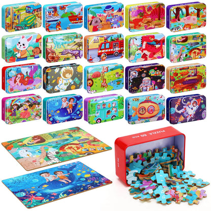Silipull 20 Boxes Party Favors Jigsaw Puzzles in a Metal Box for Age of 4-8, Wooden Puzzle for Ages 4-8 Boys and Girls Learning Educational Puzzles Toys, 20 Styles