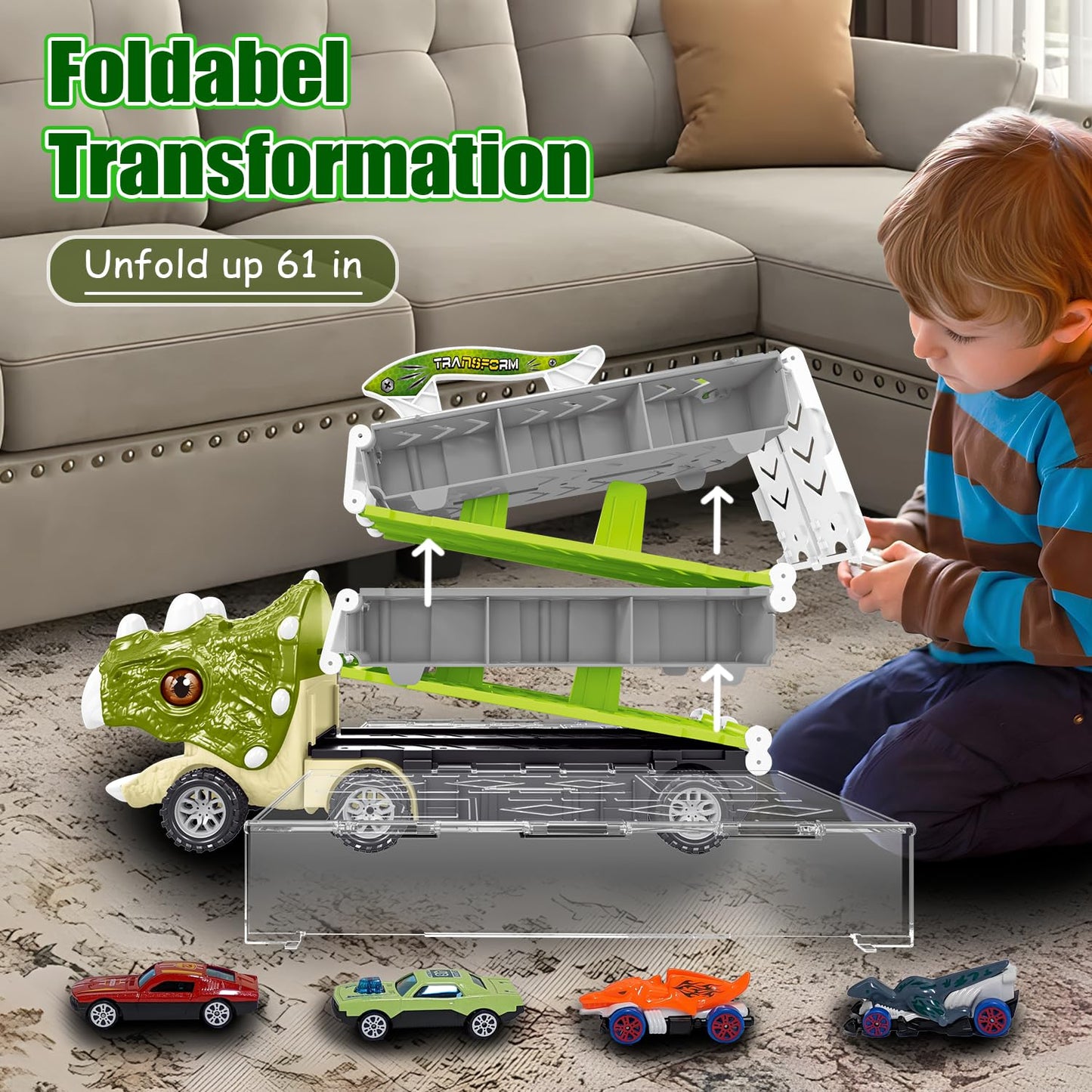 Dinosaur Toys for Kids 3-5,61 Inch Foldable Dinosaur Truck with 6 Dinosaur Cars,Dinosaur Truck Race Track with Lights & Sounds,Dinosaur Cars Set Birthday Gifts Toys for 3 4 5+ Year Old Boy and Girl